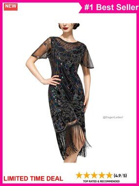 1920s Flapper Dress Short Sleeve Sequin Fringe Great Gatsby Prom Costume